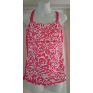 Lands End Tankini Swim 12 Pink Floral Criss Cross Back Wire Free Removable Pads.